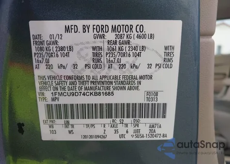 2012 Ford Escape Xlt z USA, uszkodzony, nr VIN 1FMCU9D74CKB81685